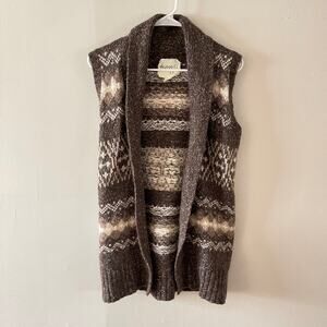 Kenji Fair Isle Sweater Vest Womens M Brown Alpaca Wool Knit Long Duster Flawed